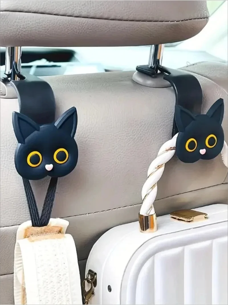 Cute 3D Cartoon Cat Car Seat Hooks - 2 Piece Set for Organizing Bags