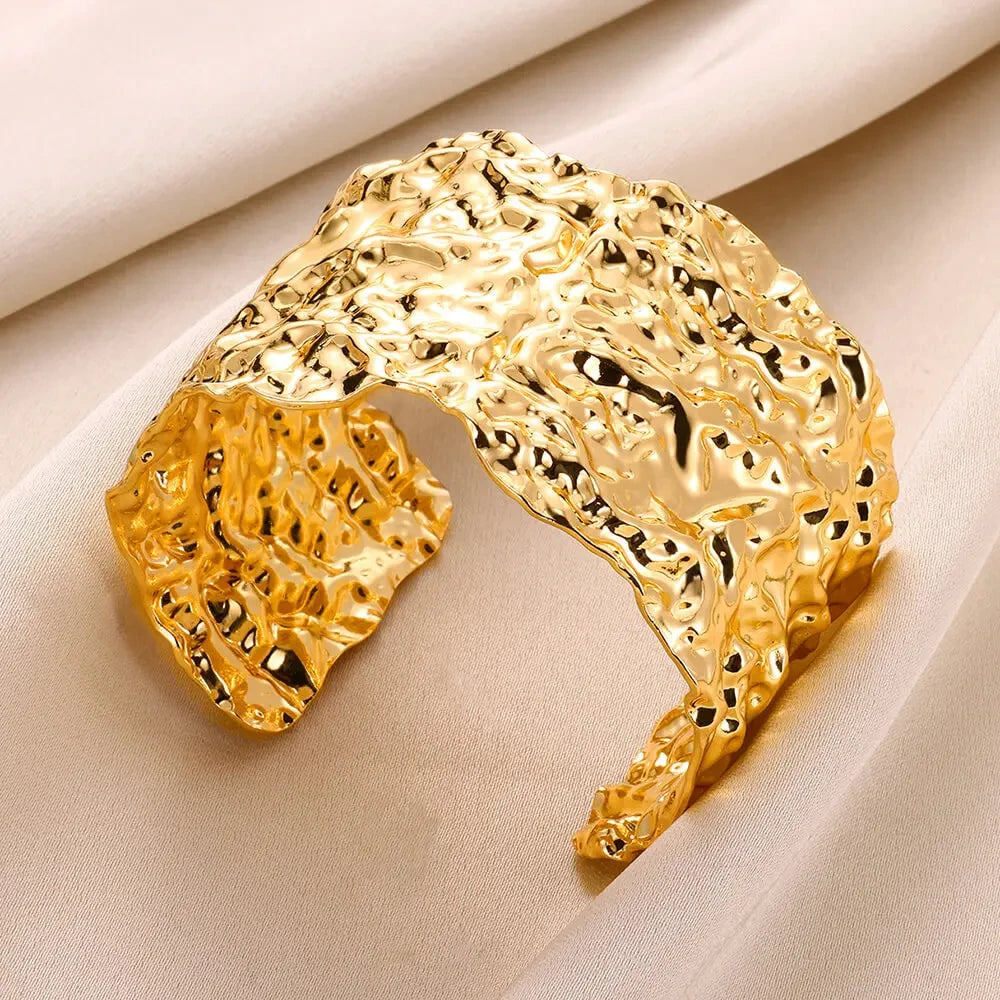 Classic Bump Pattern Cuff Bangles Bracelet - Gold Stainless Steel