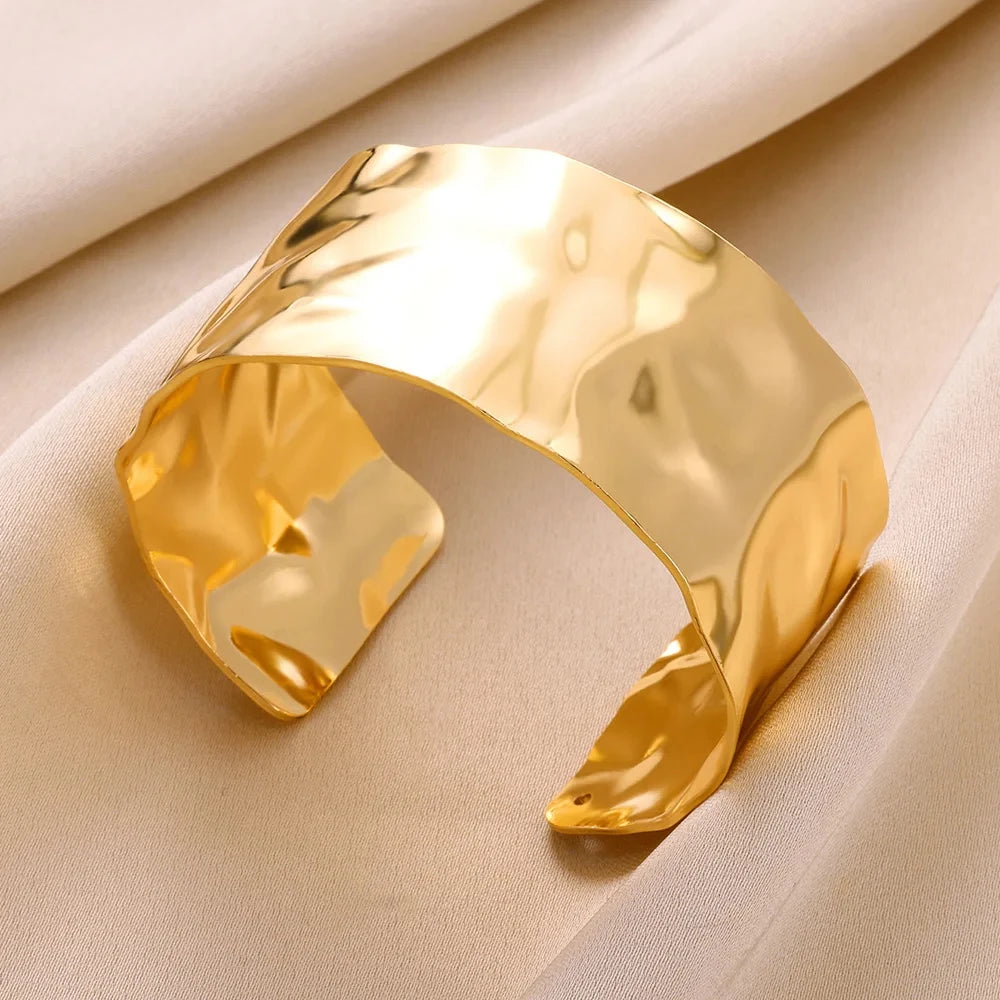 Classic Bump Pattern Cuff Bangles Bracelet - Gold Stainless Steel