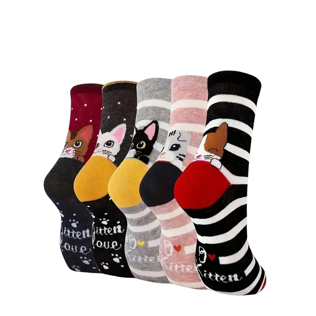 Cute Cat Pattern Women's Crew Socks - 5 Pairs
