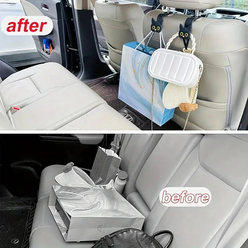 Cute 3D Cartoon Cat Car Seat Hooks - 2 Piece Set for Organizing Bags