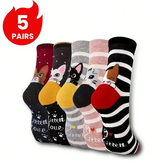 Cute Cat Pattern Women's Crew Socks - 5 Pairs