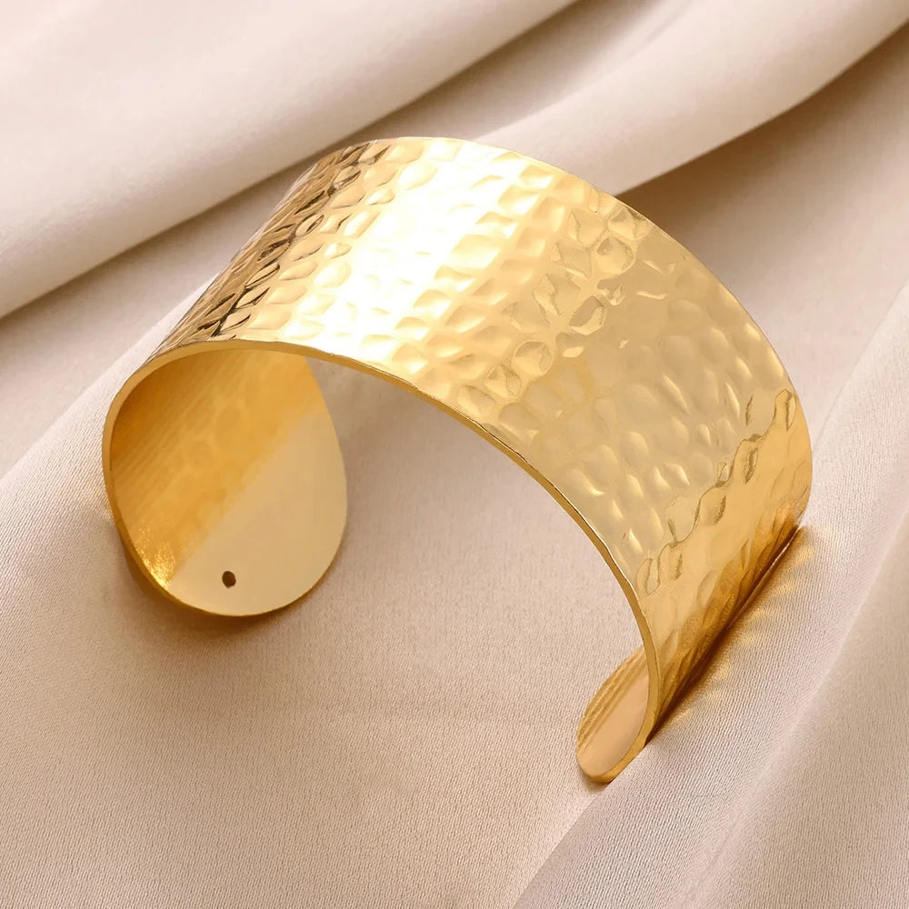 Classic Bump Pattern Cuff Bangles Bracelet - Gold Stainless Steel