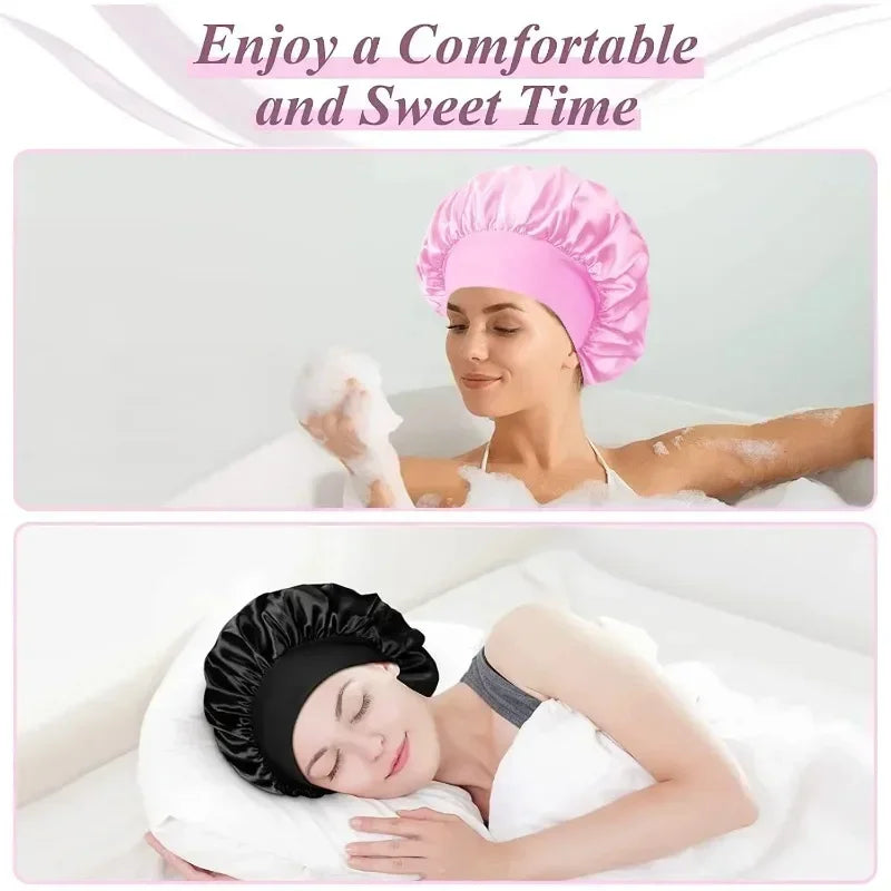 Large Silk Satin Lined Hair Bonnet - Sleep & Shower Cap for Long Hair
