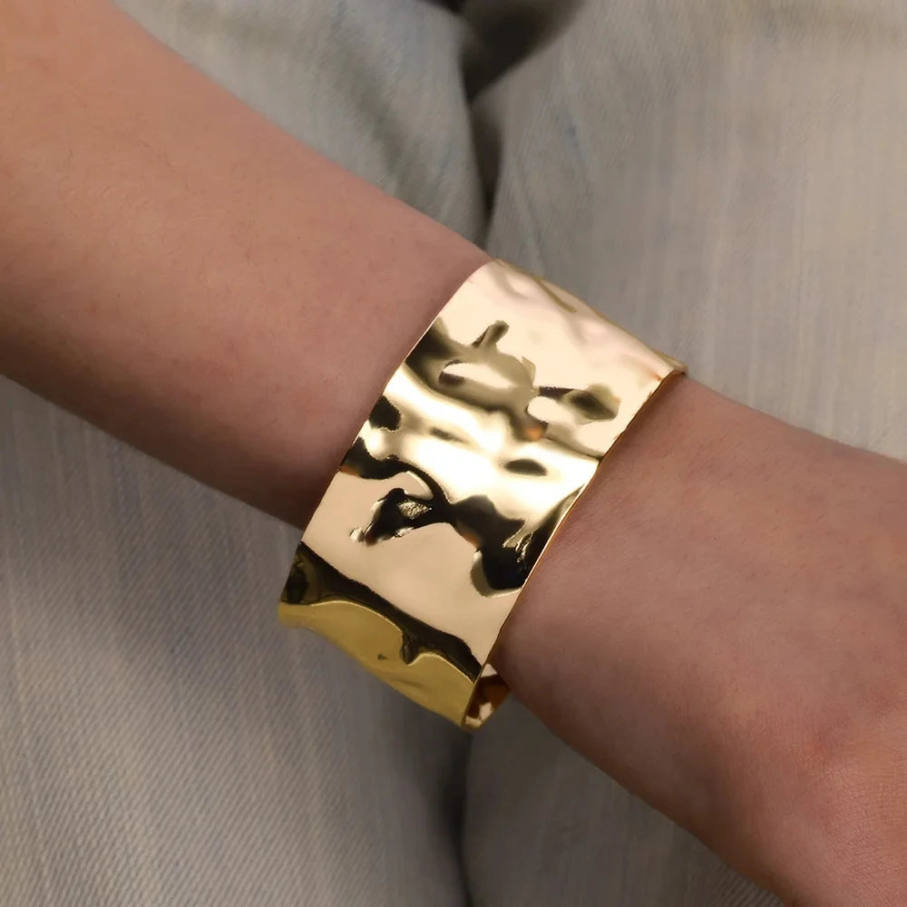 Classic Bump Pattern Cuff Bangles Bracelet - Gold Stainless Steel