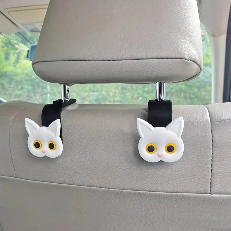 Cute 3D Cartoon Cat Car Seat Hooks - 2 Piece Set for Organizing Bags