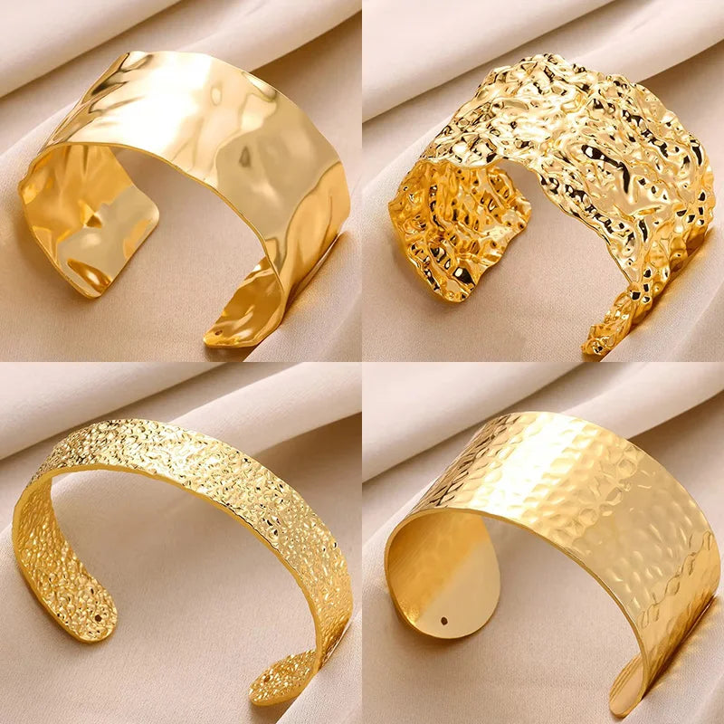 Classic Bump Pattern Cuff Bangles Bracelet - Gold Stainless Steel