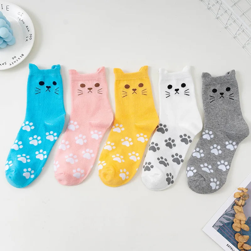 Cute Cat Pattern Women's Crew Socks - 5 Pairs